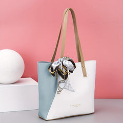 Colorblock Tote Bag with Scarf - Classic Shoulder Bag for Work