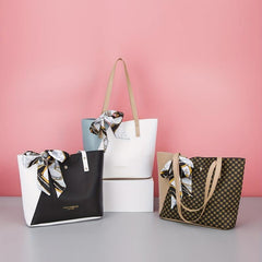 Colorblock Tote Bag with Scarf - Classic Shoulder Bag for Work