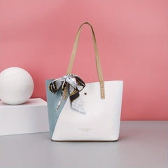 Colorblock Tote Bag with Scarf - Classic Shoulder Bag for Work