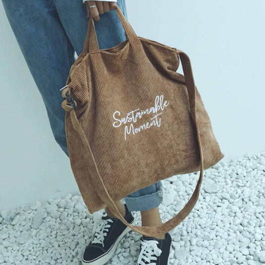 Large Capacity Corduroy Tote Bag with Zipper and Adjustable Strap
