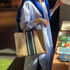 Chic Colorblock Burlap Tote Bag for Women
