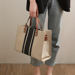 Chic Colorblock Burlap Tote Bag for Women