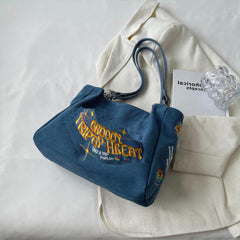 Embroidered Tote Bag Metal Decor Canvas Shoulder Bag