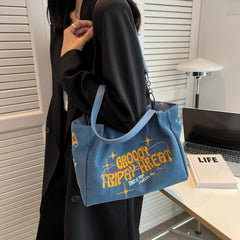 Embroidered Tote Bag Metal Decor Canvas Shoulder Bag