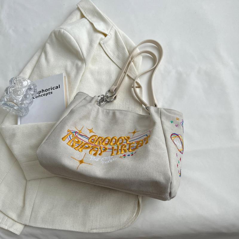 Embroidered Tote Bag Metal Decor Canvas Shoulder Bag