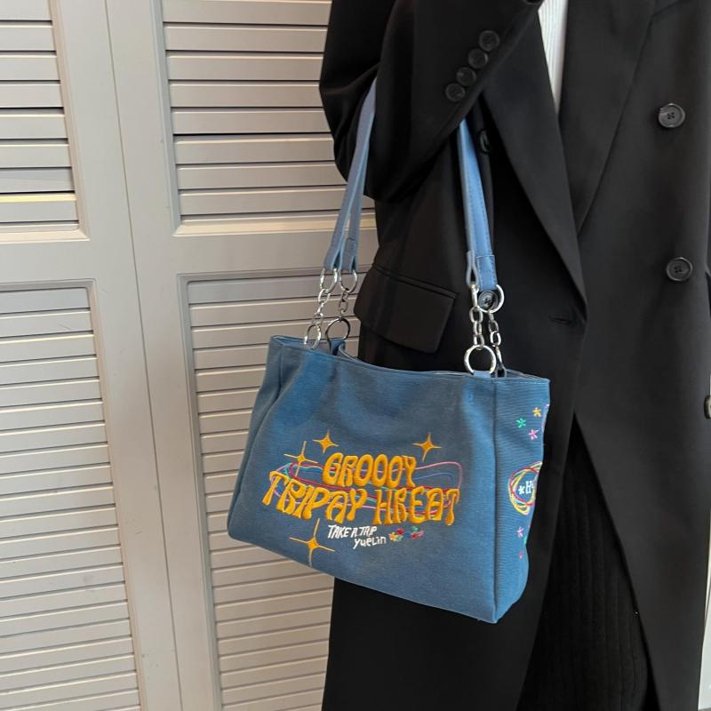 Embroidered Tote Bag Metal Decor Canvas Shoulder Bag