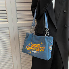 Embroidered Tote Bag Metal Decor Canvas Shoulder Bag
