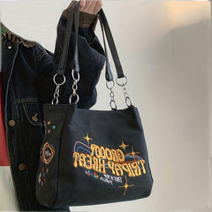 Embroidered Tote Bag Metal Decor Canvas Shoulder Bag