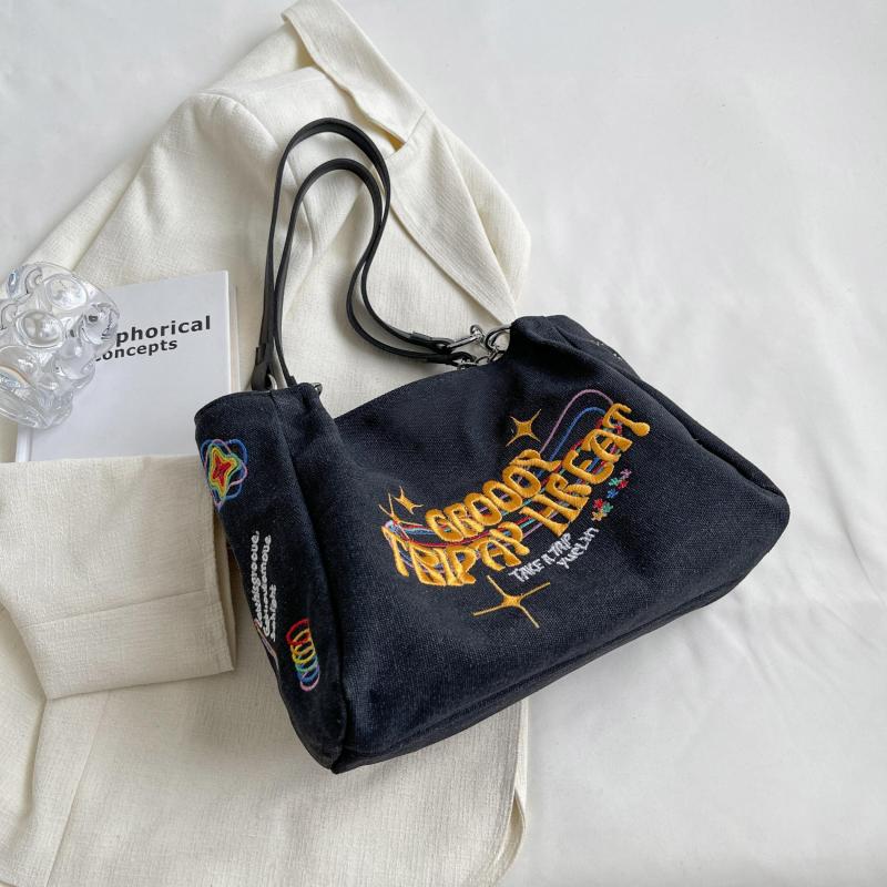 Embroidered Tote Bag Metal Decor Canvas Shoulder Bag