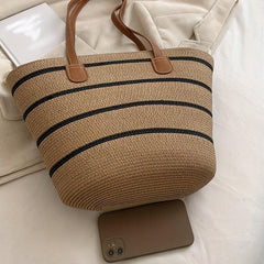 Striped Pattern Straw Bag Vacation Style Tote Bag Boho Style Shoulder Bag