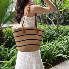 Striped Pattern Straw Bag Vacation Style Tote Bag Boho Style Shoulder Bag