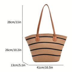 Striped Pattern Straw Bag Vacation Style Tote Bag Boho Style Shoulder Bag