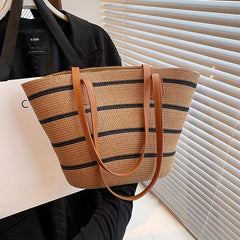 Striped Pattern Straw Bag Vacation Style Tote Bag Boho Style Shoulder Bag