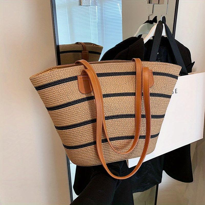Striped Pattern Straw Bag Vacation Style Tote Bag Boho Style Shoulder Bag