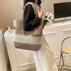 Straw Tote Bag with Tassel Decor Large Capacity for Travel