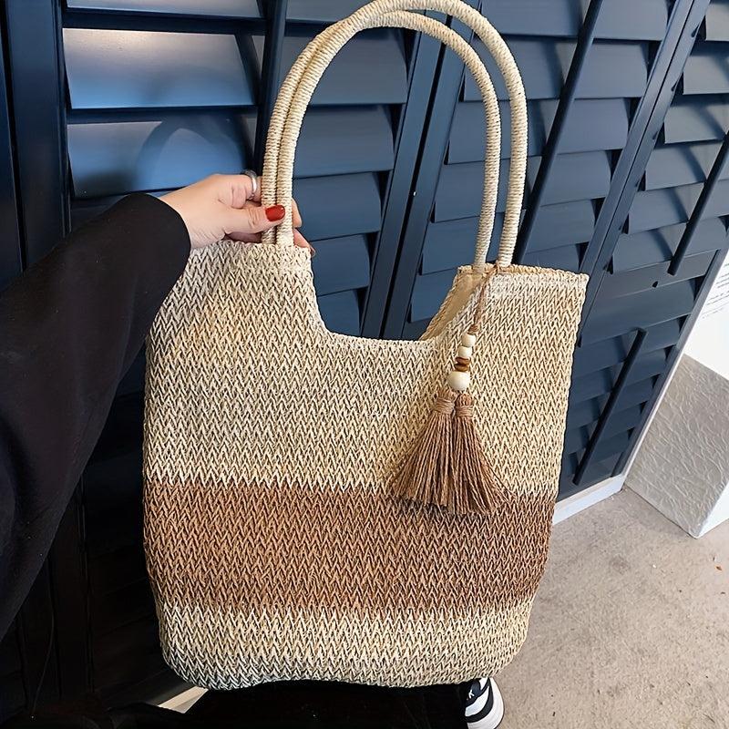 Straw Tote Bag with Tassel Decor Large Capacity for Travel
