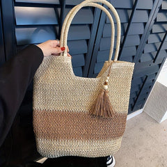 Straw Tote Bag with Tassel Decor Large Capacity for Travel