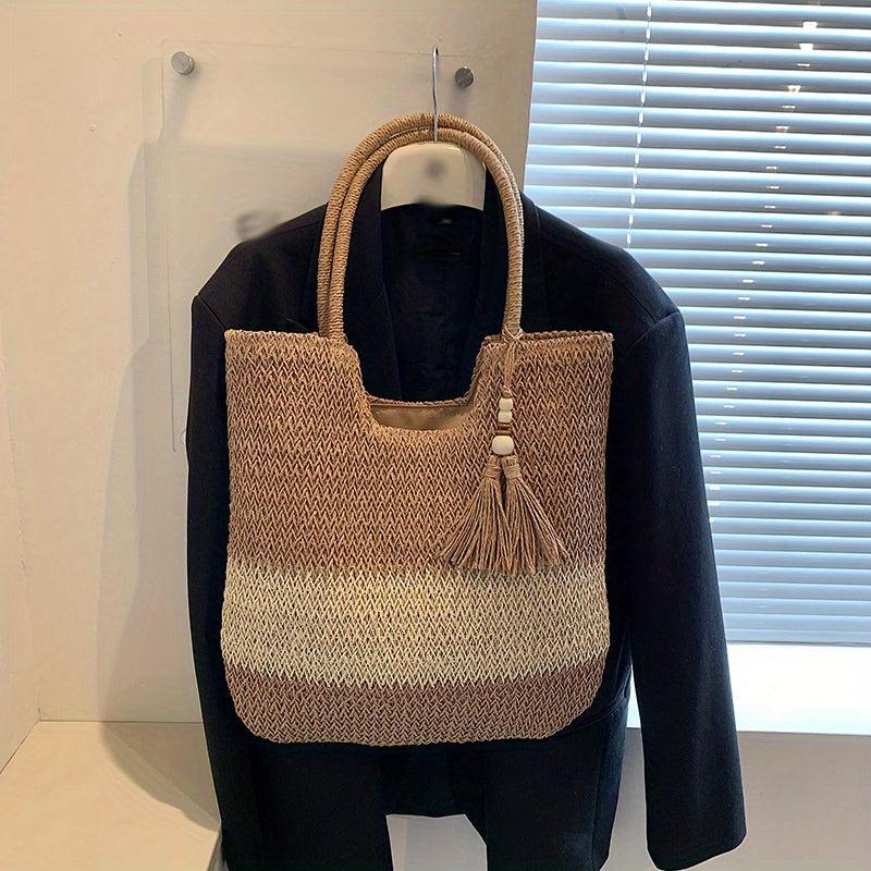 Straw Tote Bag with Tassel Decor Large Capacity for Travel