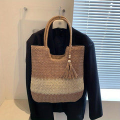Straw Tote Bag with Tassel Decor Large Capacity for Travel