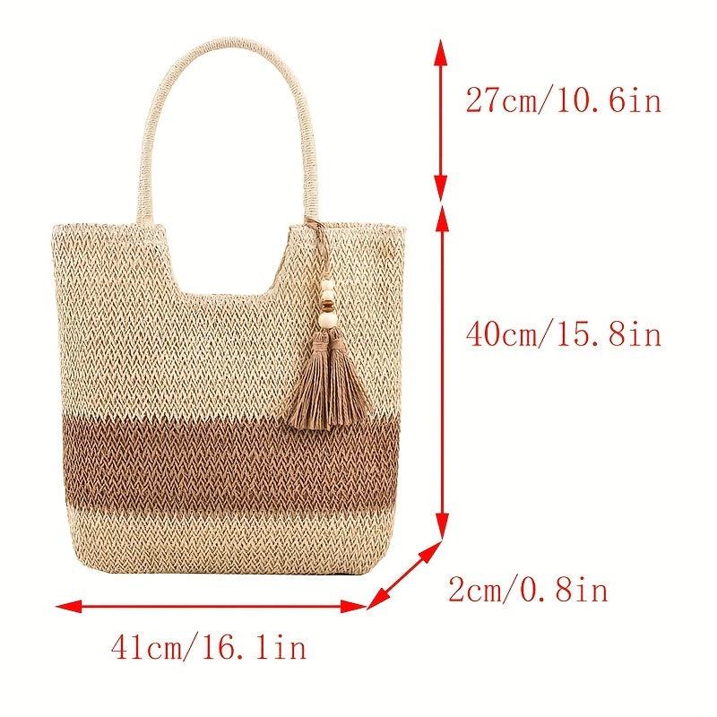 Straw Tote Bag with Tassel Decor Large Capacity for Travel