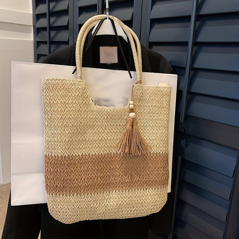 Straw Tote Bag with Tassel Decor Large Capacity for Travel