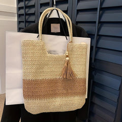 Straw Tote Bag with Tassel Decor Large Capacity for Travel