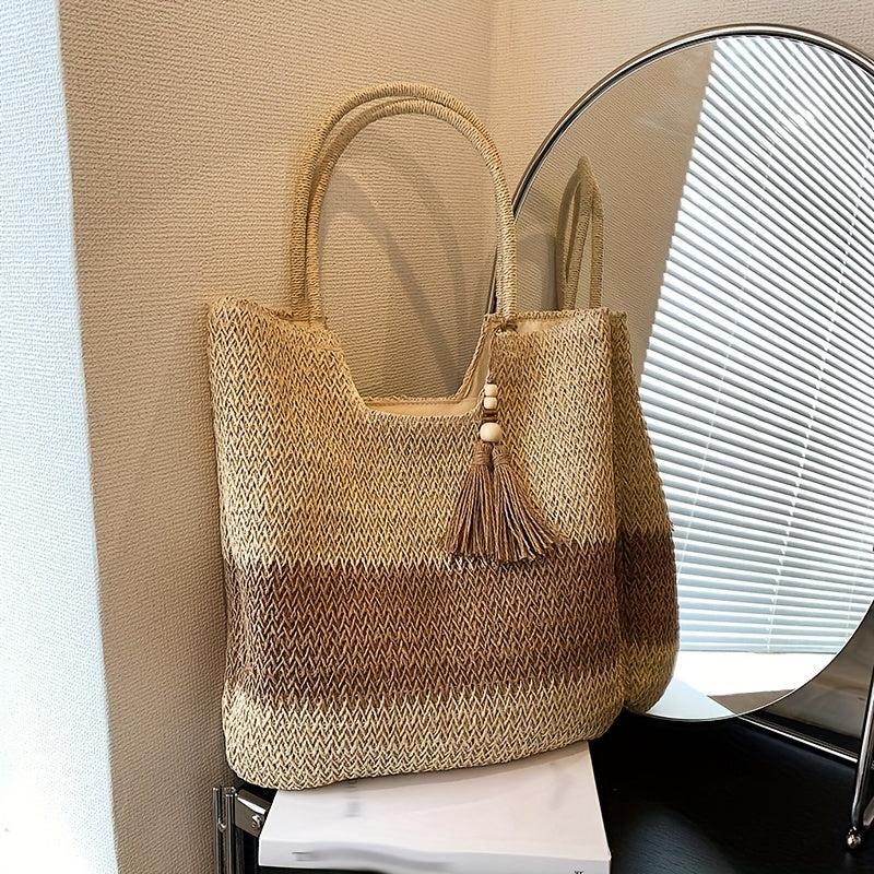 Straw Tote Bag with Tassel Decor Large Capacity for Travel