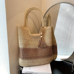 Straw Tote Bag with Tassel Decor Large Capacity for Travel