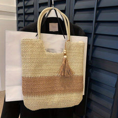 Straw Tote Bag with Tassel Decor Large Capacity for Travel