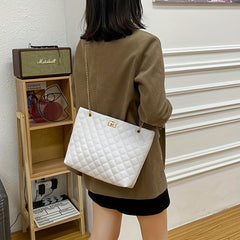 Quilted Turn Lock Tote Bag Large Capacity Shoulder Bag Chain Strap