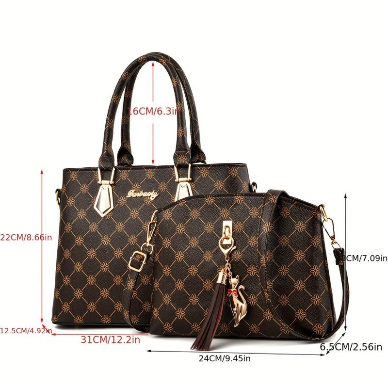 2pcs Retro Print Satchel Tote Bag Set Crossbody Bag