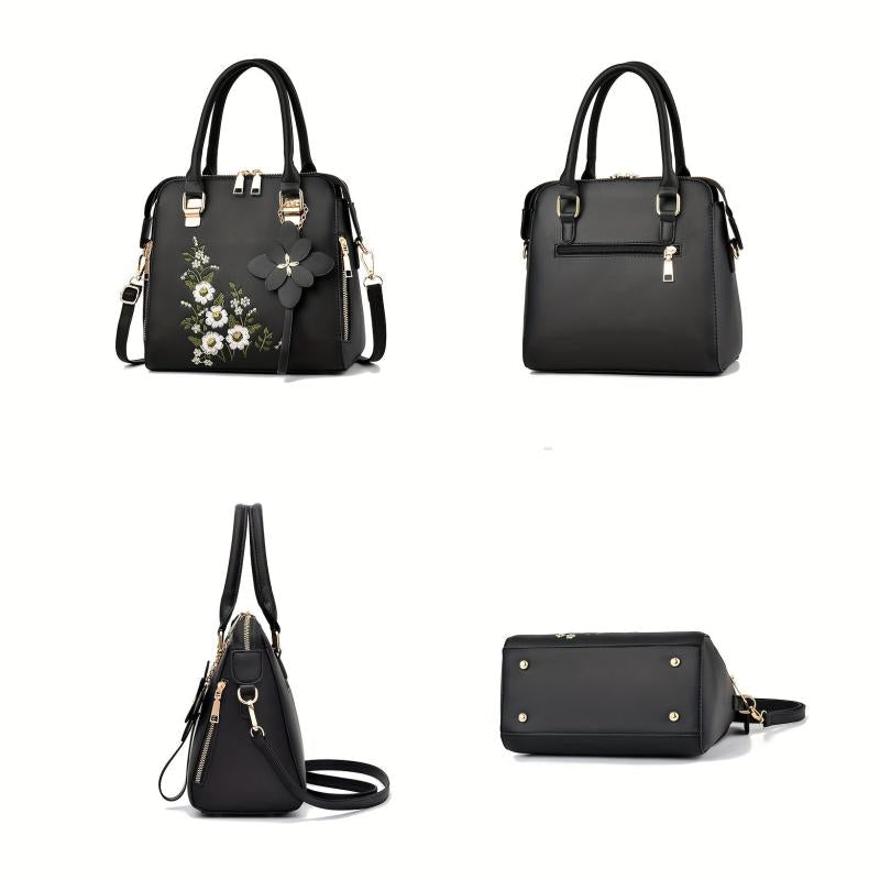 Flower Embroidery Crossbody Bag PU Leather Shoulder Bag