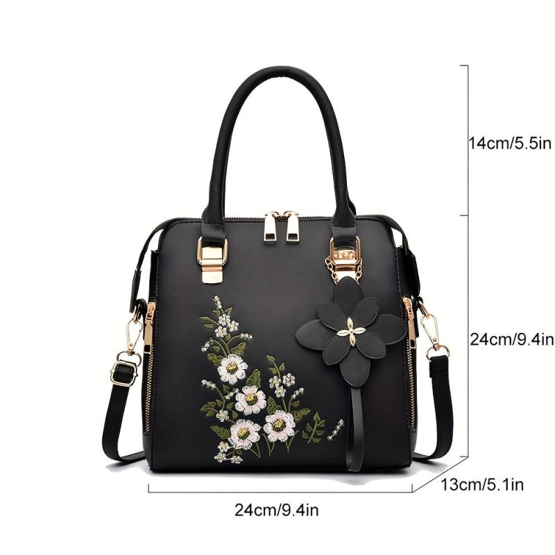 Flower Embroidery Crossbody Bag PU Leather Shoulder Bag