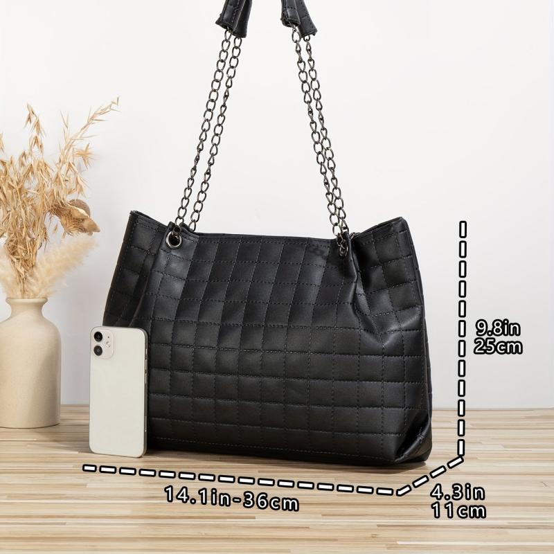 Plaid Pattern Tote Bag Quilted Shoulder Chain Bag Classic Work Bag