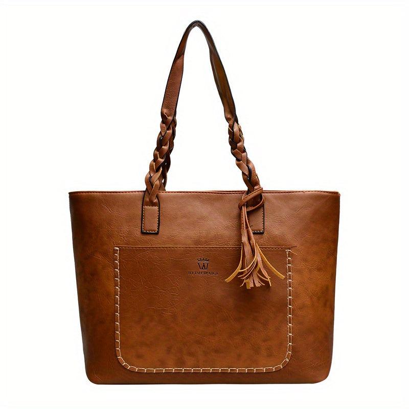 Vintage Style Tote Bag Large Capacity Solid Shoulder Bag Classic Braided Detail