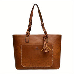 Vintage Style Tote Bag Large Capacity Solid Shoulder Bag Classic Braided Detail