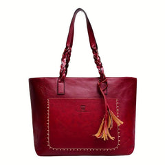 Vintage Style Tote Bag Large Capacity Solid Shoulder Bag Classic Braided Detail