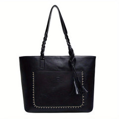 Vintage Style Tote Bag Large Capacity Solid Shoulder Bag Classic Braided Detail