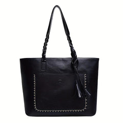 Vintage Style Tote Bag Large Capacity Solid Shoulder Bag Classic Braided Detail