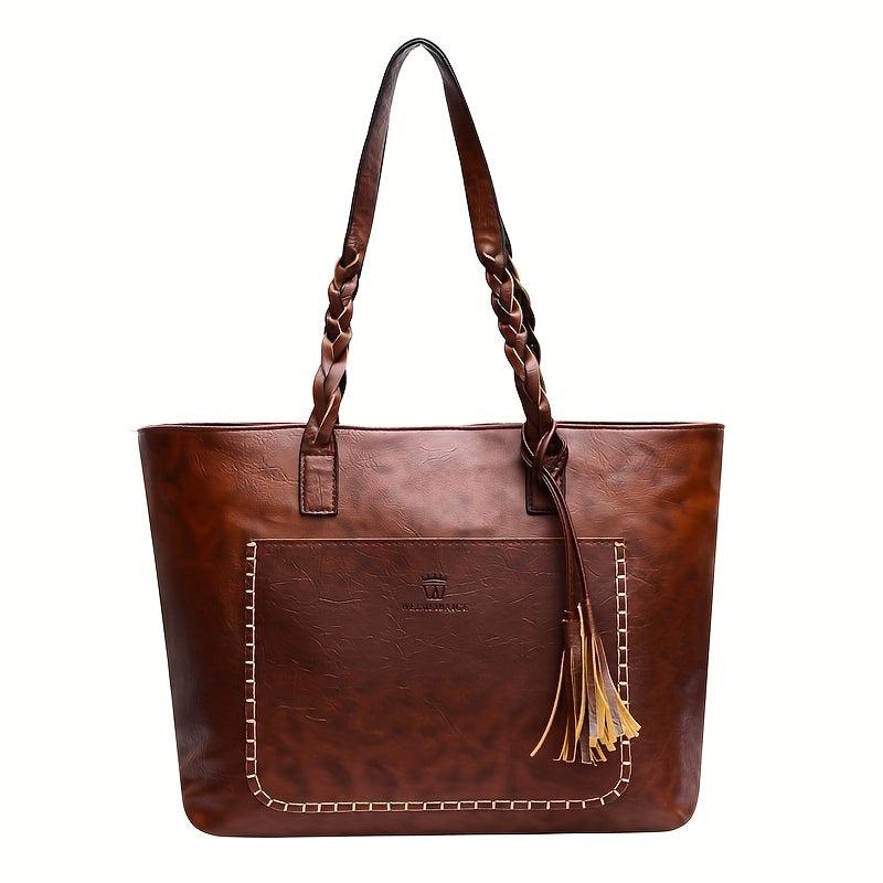Vintage Style Tote Bag Large Capacity Solid Shoulder Bag Classic Braided Detail