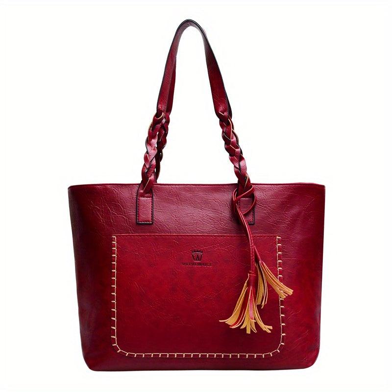Vintage Style Tote Bag Large Capacity Solid Shoulder Bag Classic Braided Detail