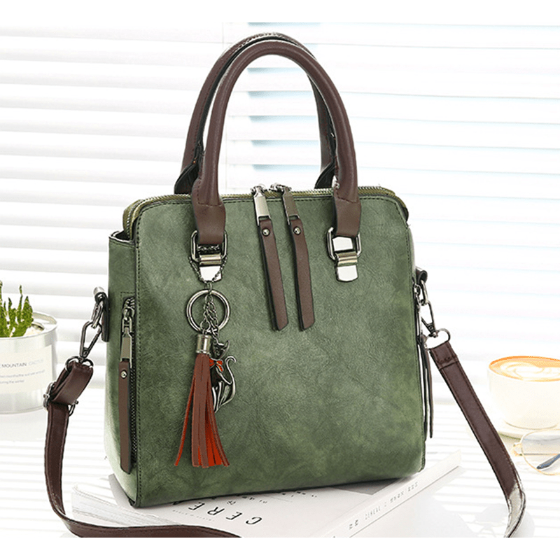 Tassel Top Handle Satchel Crossbody Bag PU Leather Tote Bag