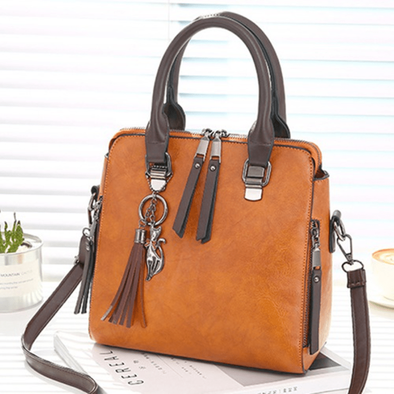 Tassel Top Handle Satchel Crossbody Bag PU Leather Tote Bag