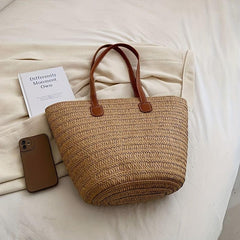 Boho Style Straw Woven Tote Bag for Women Beach Travel Shoulder Bag
