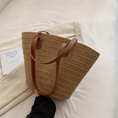 Boho Style Straw Woven Tote Bag for Women Beach Travel Shoulder Bag