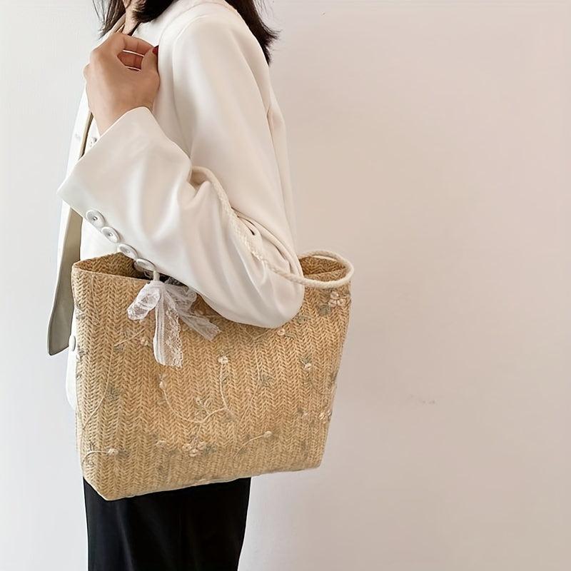 Braided Tote Bag Lace Flower Decor Shoulder Beach Bag
