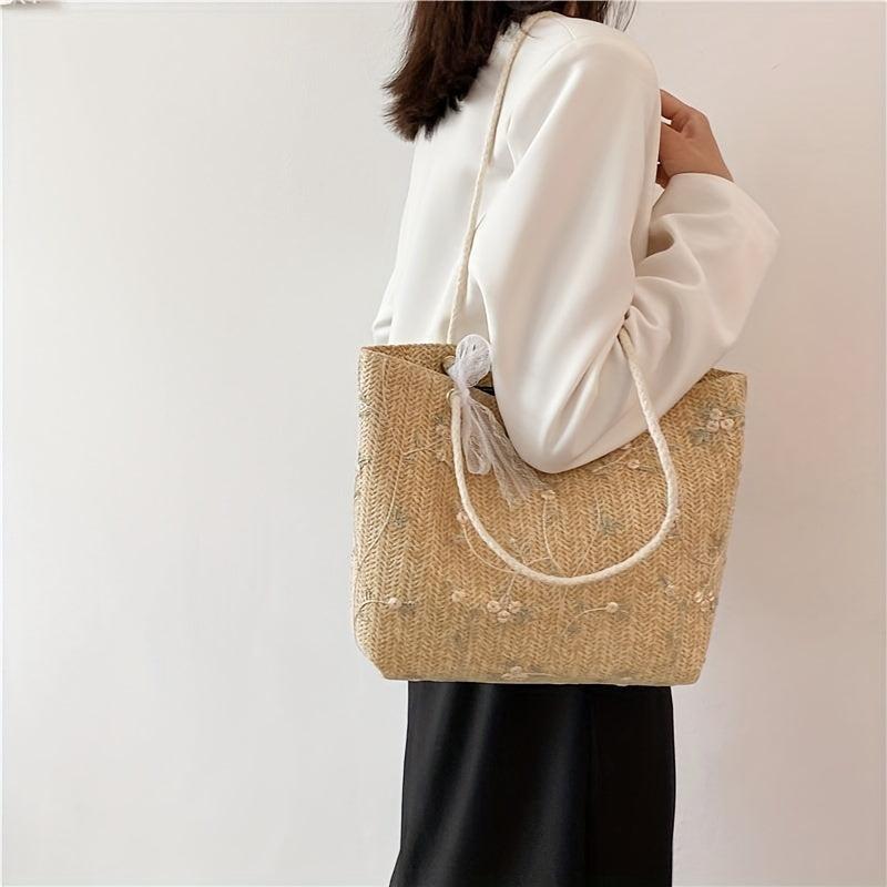 Braided Tote Bag Lace Flower Decor Shoulder Beach Bag