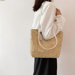 Braided Tote Bag Lace Flower Decor Shoulder Beach Bag