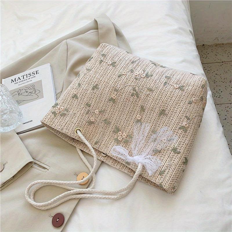 Braided Tote Bag Lace Flower Decor Shoulder Beach Bag