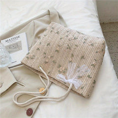 Braided Tote Bag Lace Flower Decor Shoulder Beach Bag